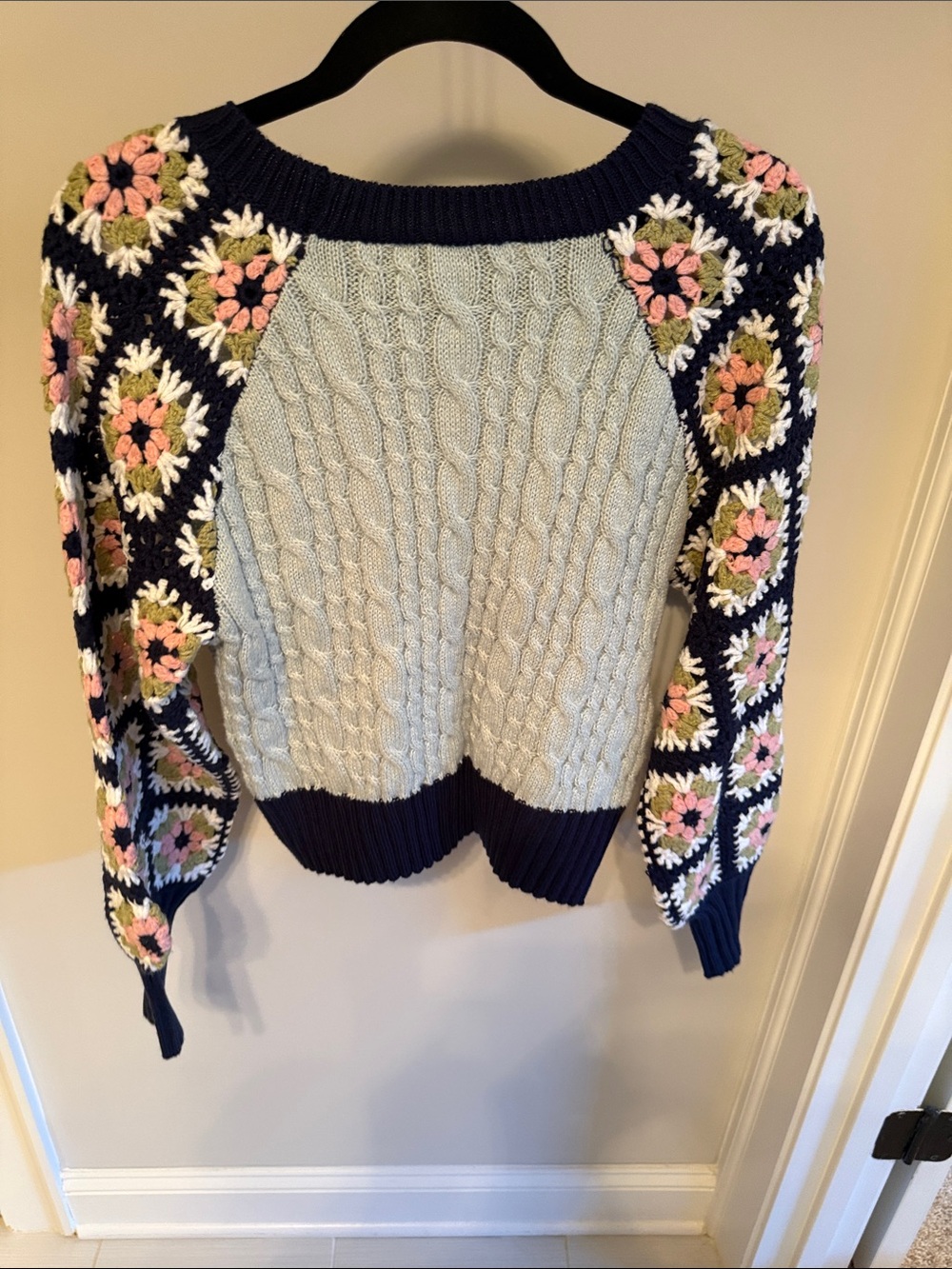 DAVI & DANI Navy and Light Blue Crochet Floral Sleeve Cable Knit Sweater - Picture 9 of 16